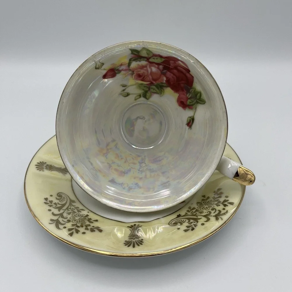 Vintage LM Royal Halsey Very Fine Cup Saucer Pink Roses‎ Yellow Lusterware Gold